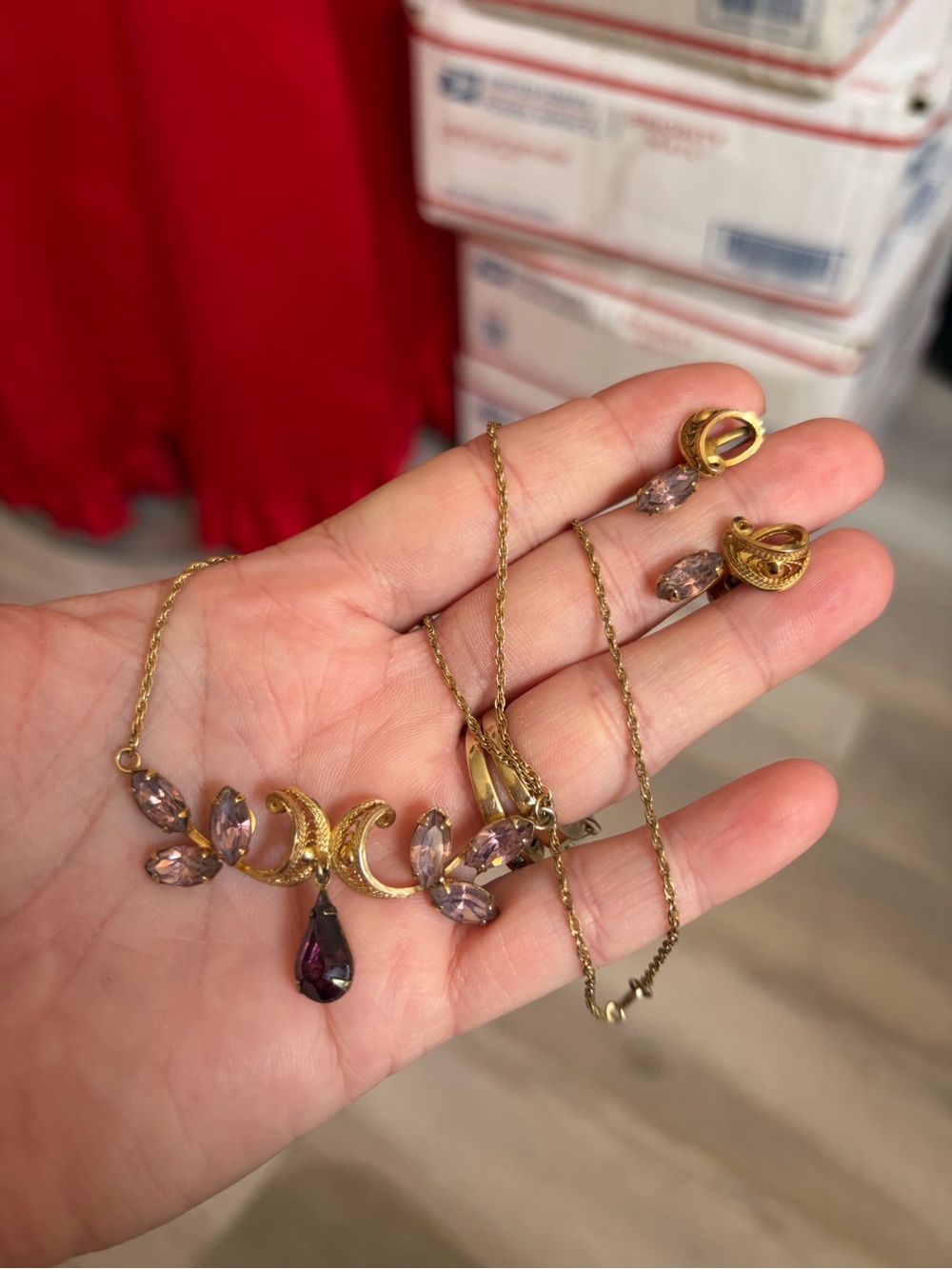 Gold-FILLED Purple AMETHYST Crystal Moon Pendant Necklace and Earring Set